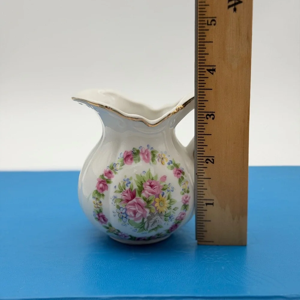 Vintage Floral Porcelain Mini Pitcher Creamer Gold Trim Pink Rose White
